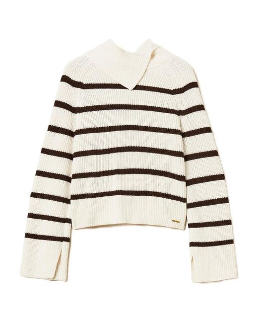 Twinset White Striped Asymmetrical-Neck Sweater