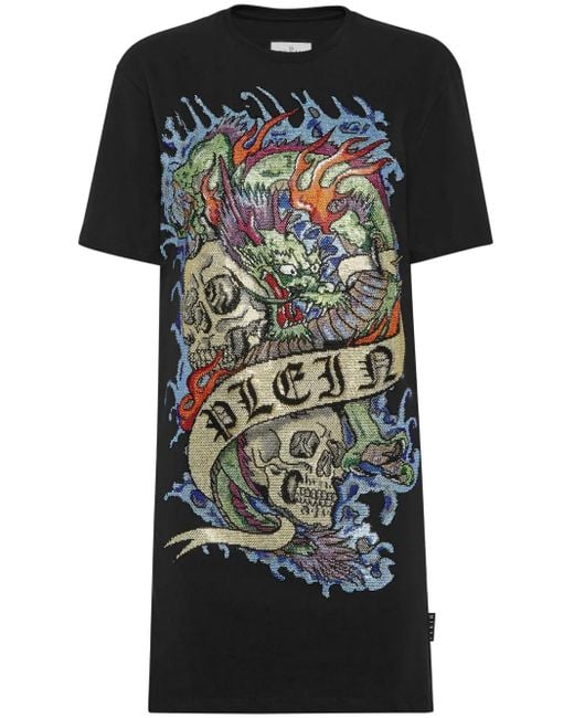 Philipp Plein Black Tattoo Crystal T-Shirt Dress
