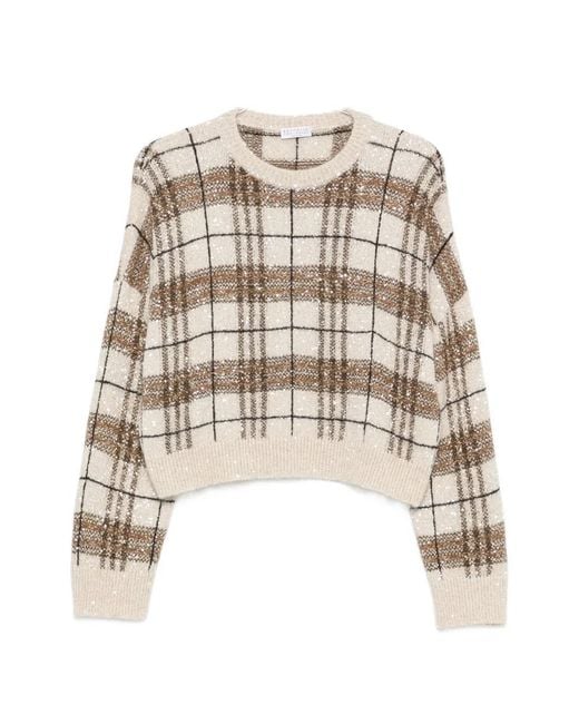 Brunello Cucinelli White Sequin-Embellished Checked Sweater