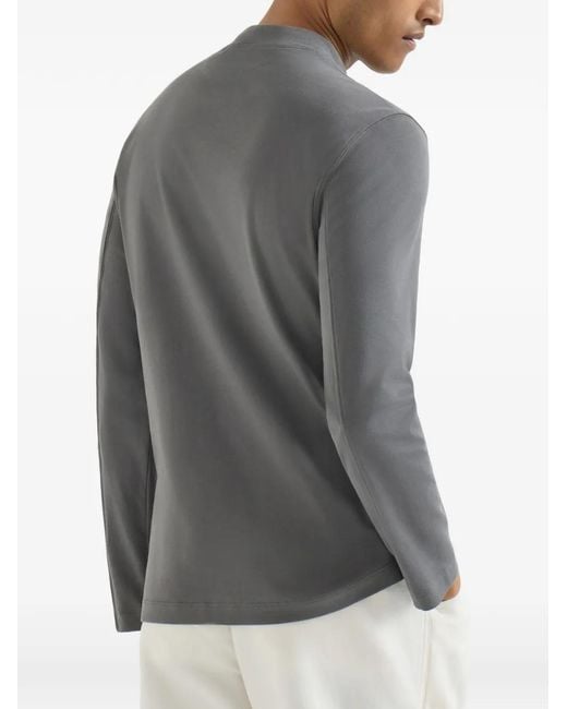 Brunello Cucinelli Gray Cotton Interlock Long-Sleeve T-Shirt With Mock-Neck And Print for men