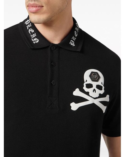 Philipp Plein Black Skull-Print Cotton Polo Shirt for men