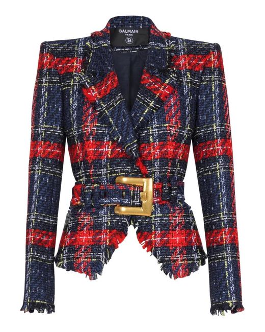 Balmain Red Belted Plaid Tweed Jacket