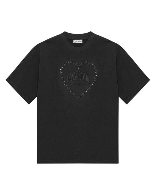 Ganni Black Heart Embroidered Cotton T-Shirt
