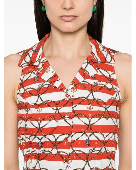 ALESSANDRO ENRIQUEZ Red Motif-Print Striped Cotton Dress