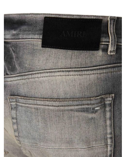 Amiri Gray Distressed Checked-Panel Jeans for men
