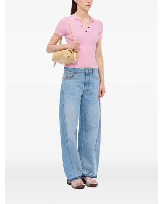 MSGM Pink Polo En Maille À Design Côtelé