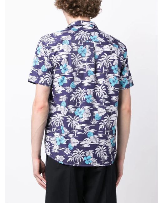 Karl Lagerfeld Blue Palm Tree-Print Cotton Shirt for men