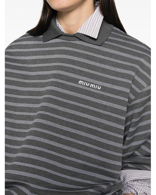 Miu Miu Gray Striped Polo-Collar Knit