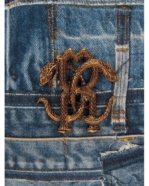 Roberto Cavalli Blue Denim-Patchwork Snake-Monogram Tote Bag