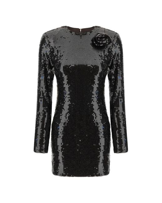 ROTATE BIRGER CHRISTENSEN Black Rotating Sequined Mini Dress With Long Sleeves And Shoulder Floral Detail