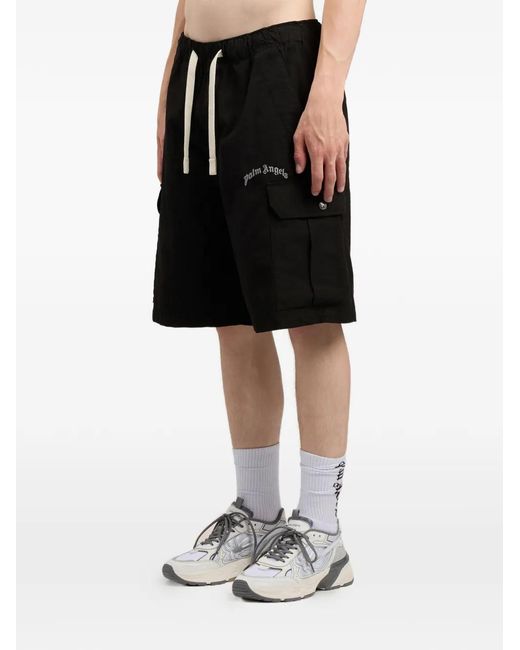 Palm Angels Black Curved Printed-Logo Cargo Shorts for men