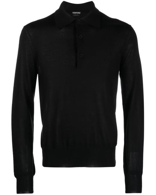Tom Ford Black Long-Sleeve Knitted Polo Shirt for men