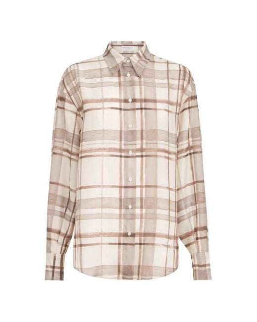 Brunello Cucinelli White Silk Pongèe Shirt In Macrocheck Print