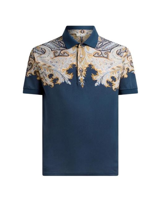 Etro Blue Cotton Pique Polo Shirt With Placed Print for men