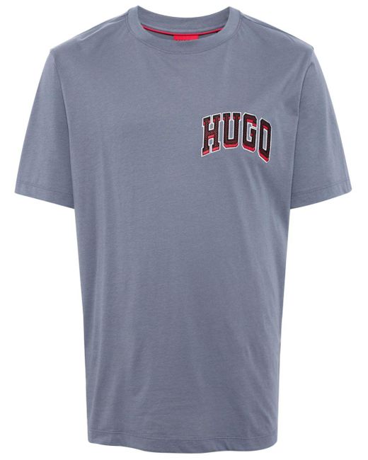 HUGO Blue Embroidered-logo Cotton T-shirt for men