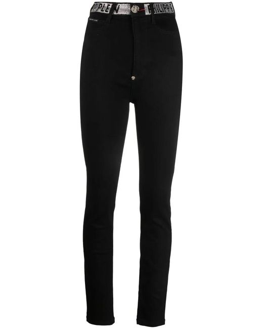 Philipp Plein Black Logo-Embellished High-Waist Skinny Jeans