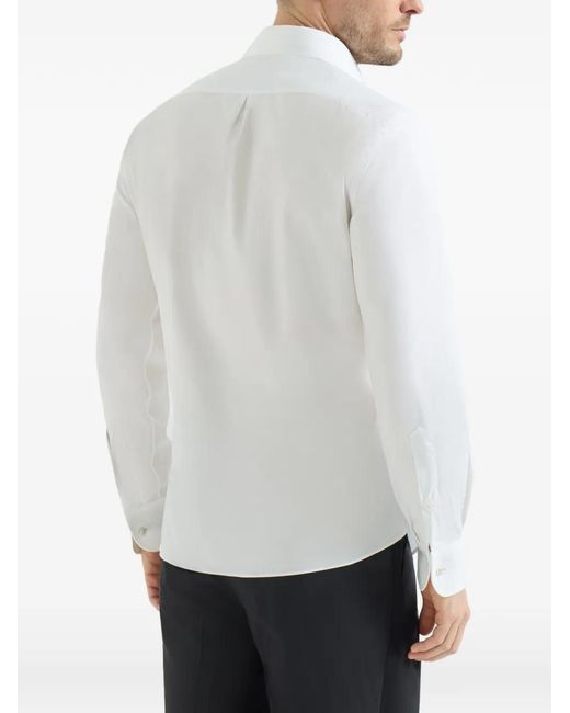 Brunello Cucinelli White Sea Island Cotton Twill Basic Fit Shirt With Point Collar And Pleated Bib And Cuffs for men