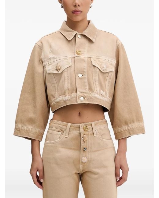 ViCOLO Natural Embellished Cropped Denim Jacket