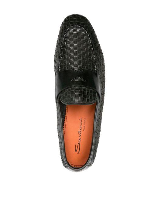 Santoni Gray Woven Leather Penny Loafers for men