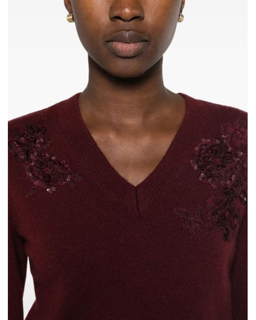 Self-Portrait Red Sequin-Embellished Floral-Patch Sweater