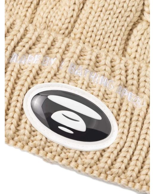 A Bathing Ape Natural Cable-Knit Logo-Patch Beanie for men
