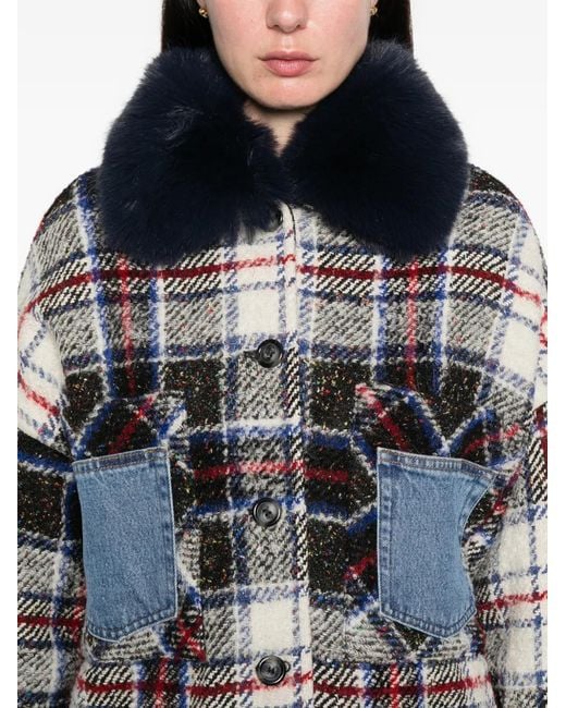 Ava Adore Blue Faux-Fur-Collar Check-Pattern Coat