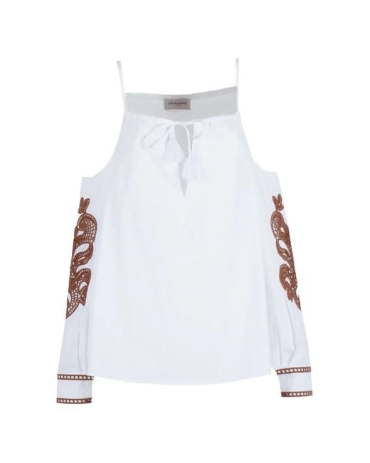 ERMANNO FIRENZE White Embroidery Cold-Shoulder Blouse