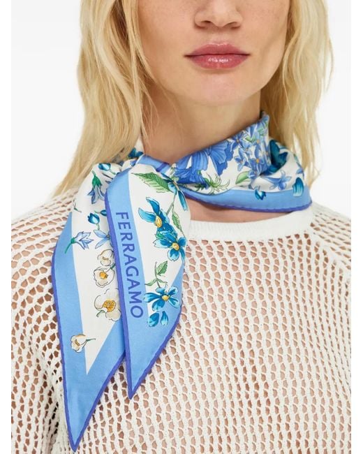 Ferragamo Blue Floral-Print Scarf