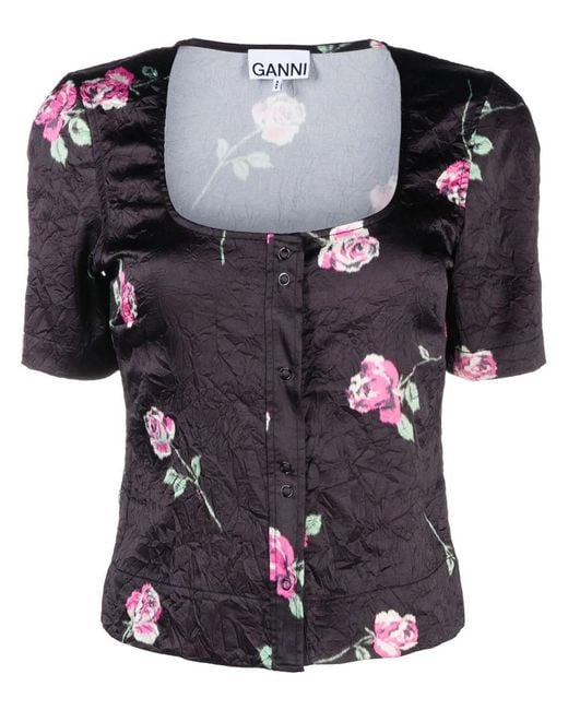 Ganni Black Floral-Print Crinkled Satin Blouse