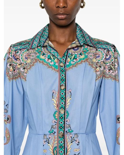 Etro Blue Pattern Cotton Midi Dress