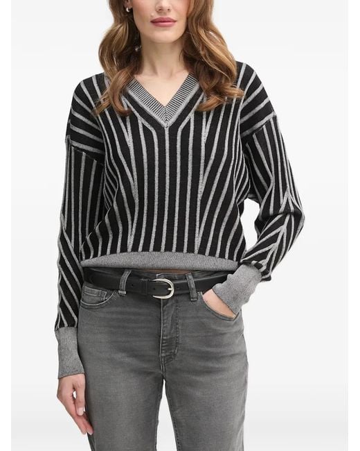 DKNY Black Striped V-Neck Sweater