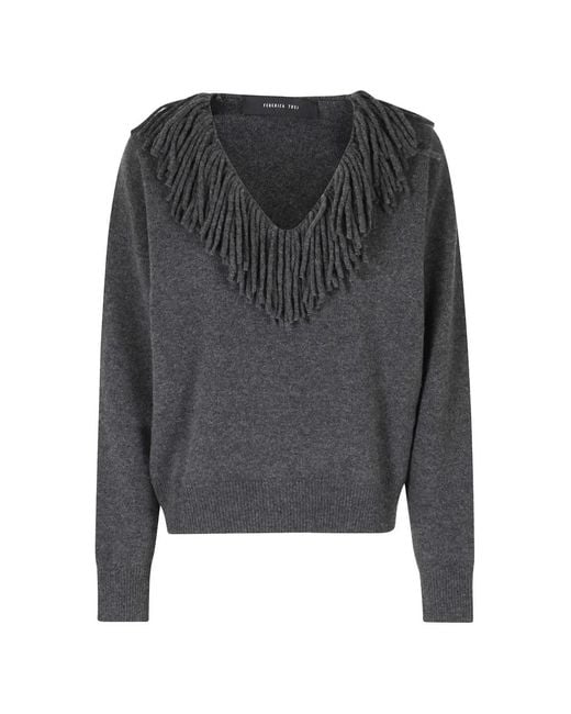 FEDERICA TOSI Gray Fringe-Trim V-Neck Sweater