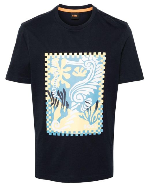 Boss Blue Graphic-print Cotton T-shirt for men
