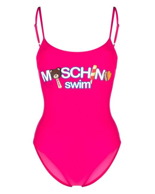 Moschino Pink Logo Print Open Back Swimsuit