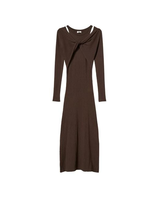 Twinset Brown Ribbed Knit Long Dress
