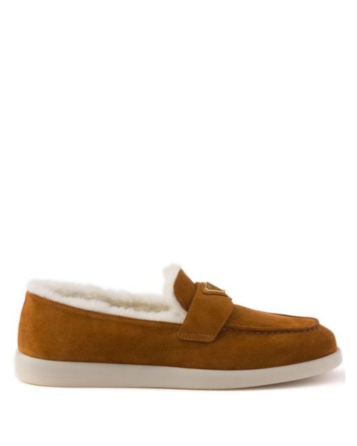 Prada Brown Suede And Shearling Loafers