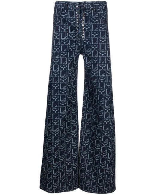 Ludovic de Saint Sernin Blue Monogram-Print Lace-Up Jeans
