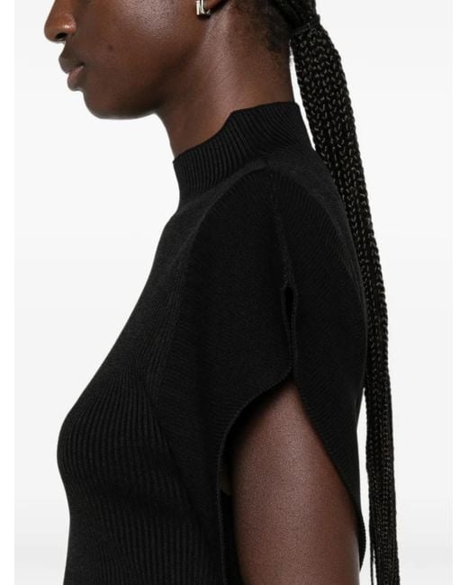 CFCL Black Portrait Ruffled-Sleeves Ribbed Top