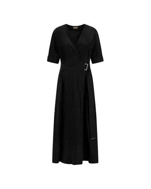 Herno Black Belted Seersucker-Texture Midi Dress