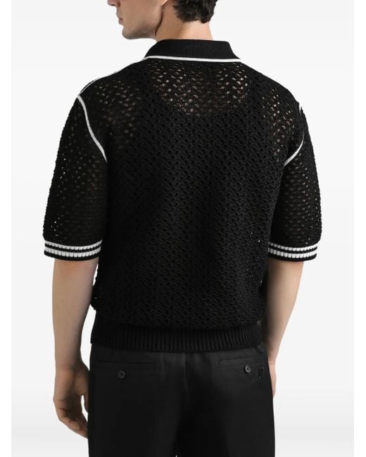 Dolce & Gabbana Black Crochet-Knit Short-Sleeve Polo Shirt for men
