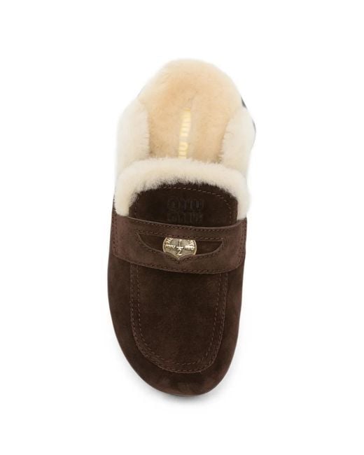 Miu Miu Brown Shearling-Lined Suede Flat Mules