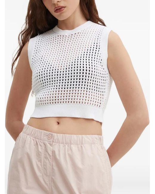 Benetton White Crochet-Knit Cropped Sweater