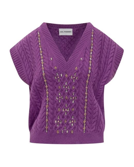 Des Phemmes Purple Cable-Knit Embellished Sweater
