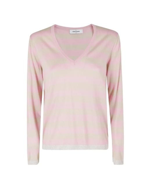 Gran Sasso Pink Striped V-Neck Sweater