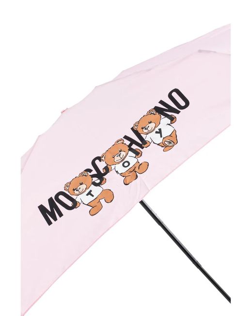 Moschino Pink Teddy Bear-Logo Print Compact Umbrella