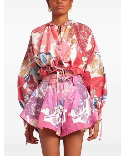 Isla & White Pink Sophie Floral-Print Balloon-Sleeve Top