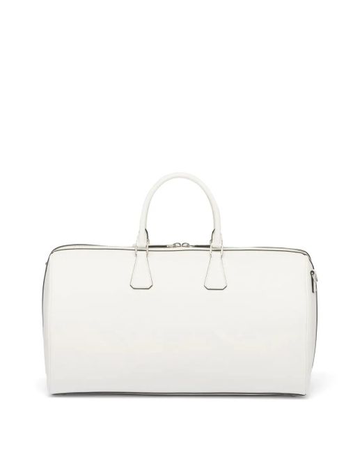 Prada White Triangle-Logo Leather Duffle Bag