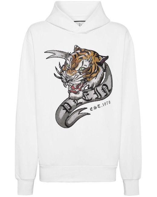 Philipp Plein Crystal Embellished Tiger Print Hoodie in White for Men Lyst UK