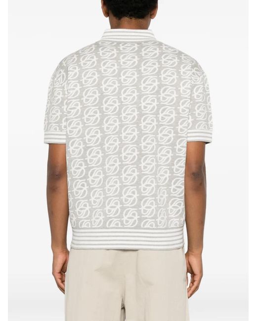 Drole de Monsieur White Monogram-Knit Striped-Trim Polo Shirt for men
