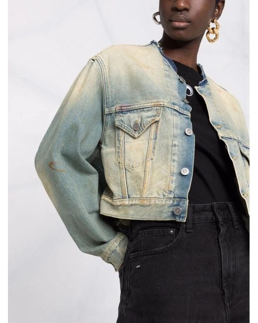 Maison Margiela Blue Distressed-effect Collarless Denim Jacket